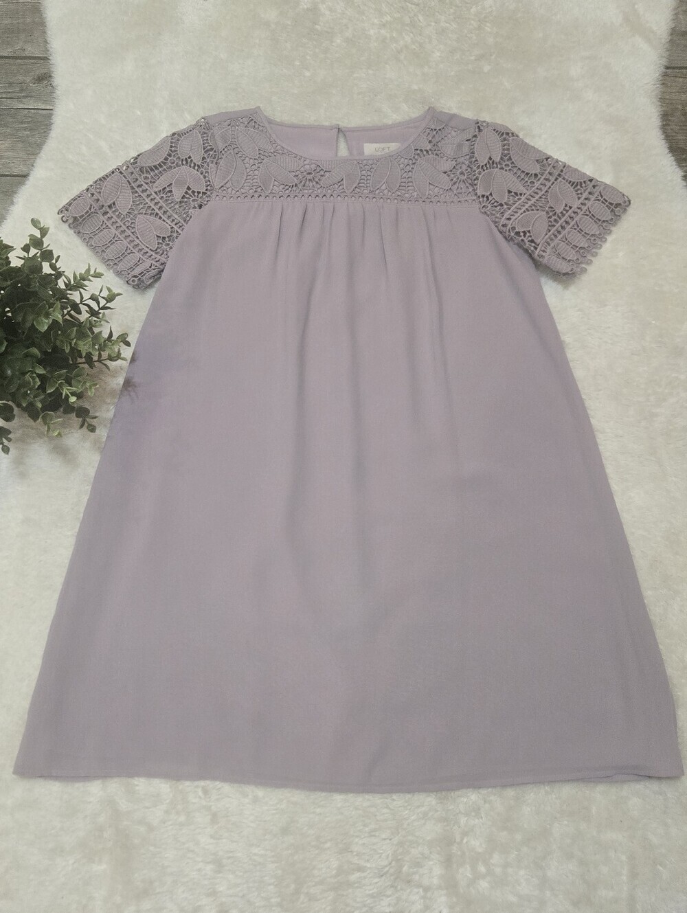 LOFT Lavender Purple Crochet Lace Yoke Short-Sleeve Babydoll Shift Dress, XS